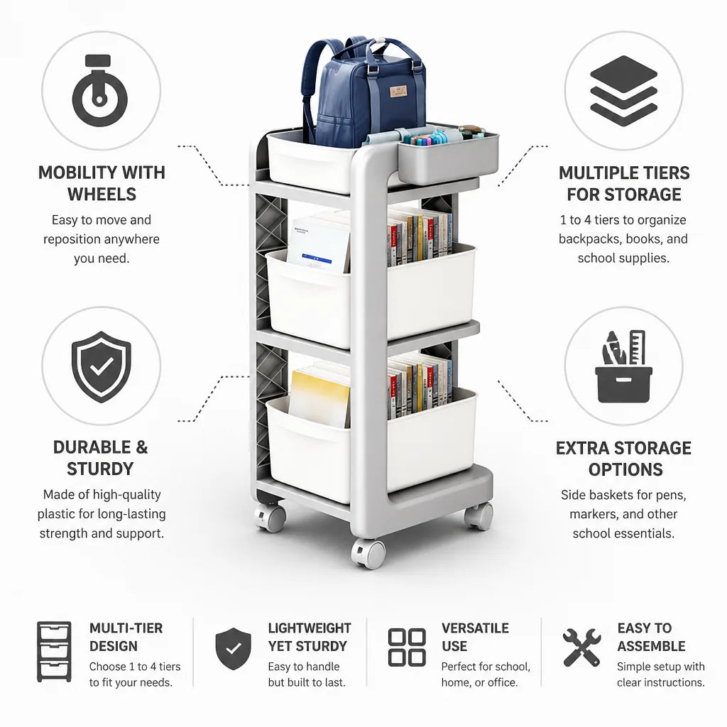 Backpack & Book Stand Wheeled Multi-Tier Durable Plastic