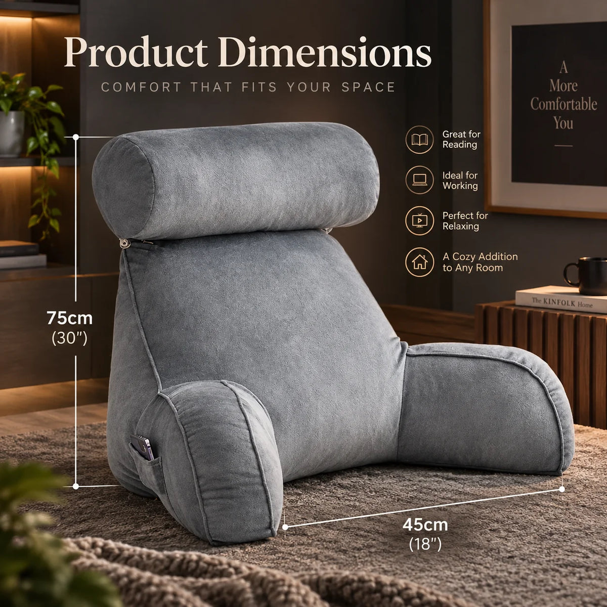 Backrest Pillow Adjustable Headrest & Padded Armrests