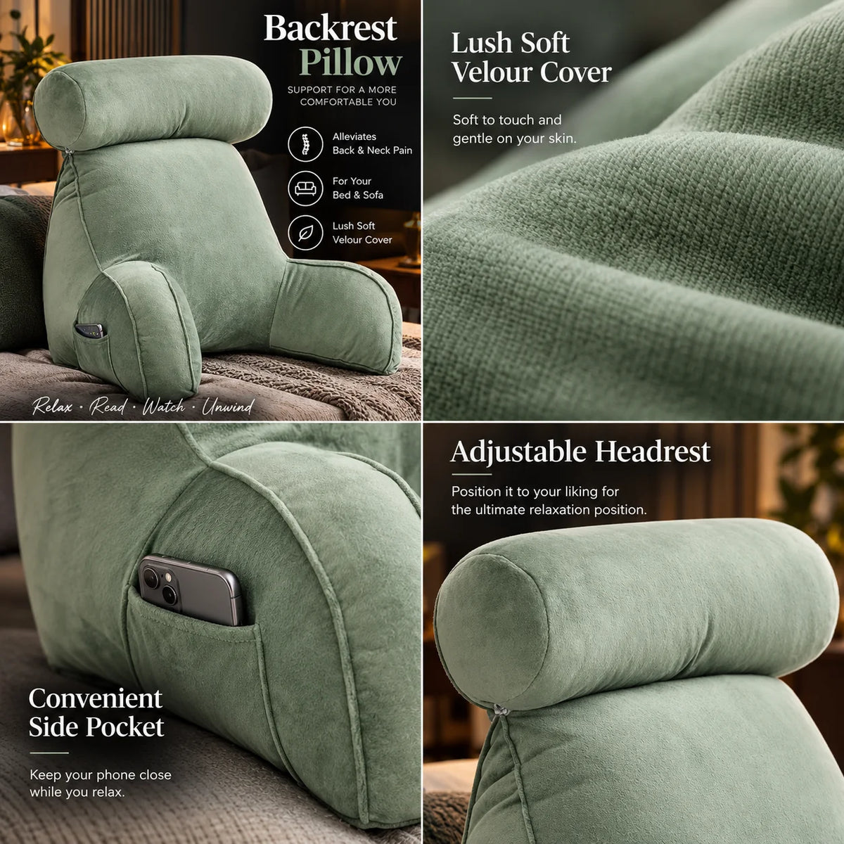 Backrest Pillow Adjustable Headrest & Padded Armrests