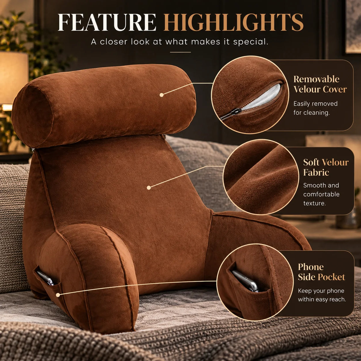 Backrest Pillow Adjustable Headrest & Padded Armrests
