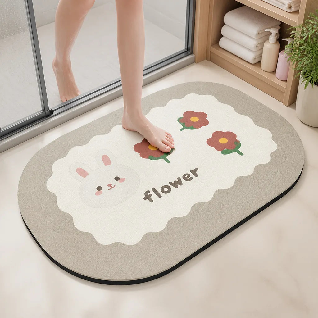 Bath Mat Bunny & Floral Non-Slip Machine Washable