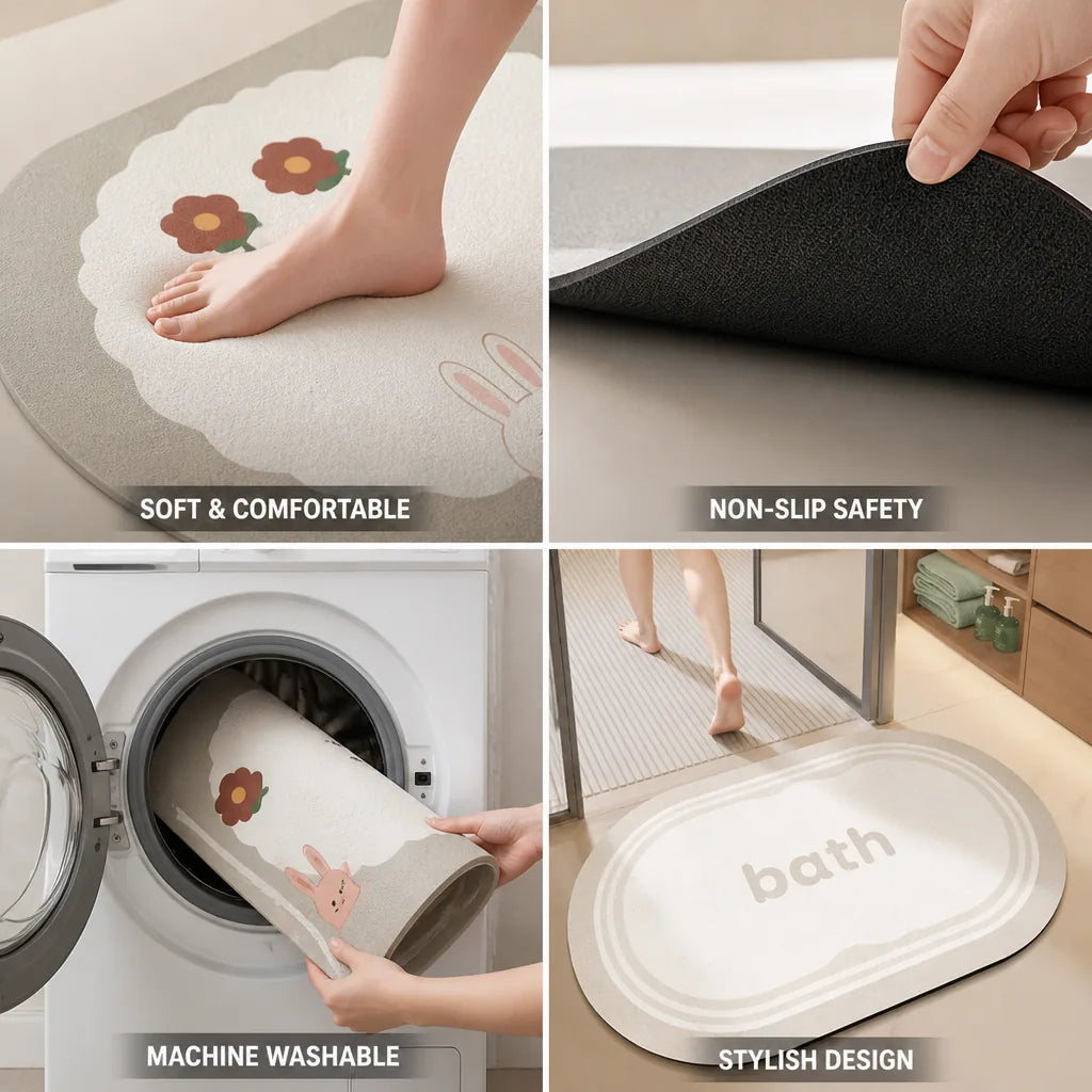 Bath Mat Bunny & Floral Non-Slip Machine Washable