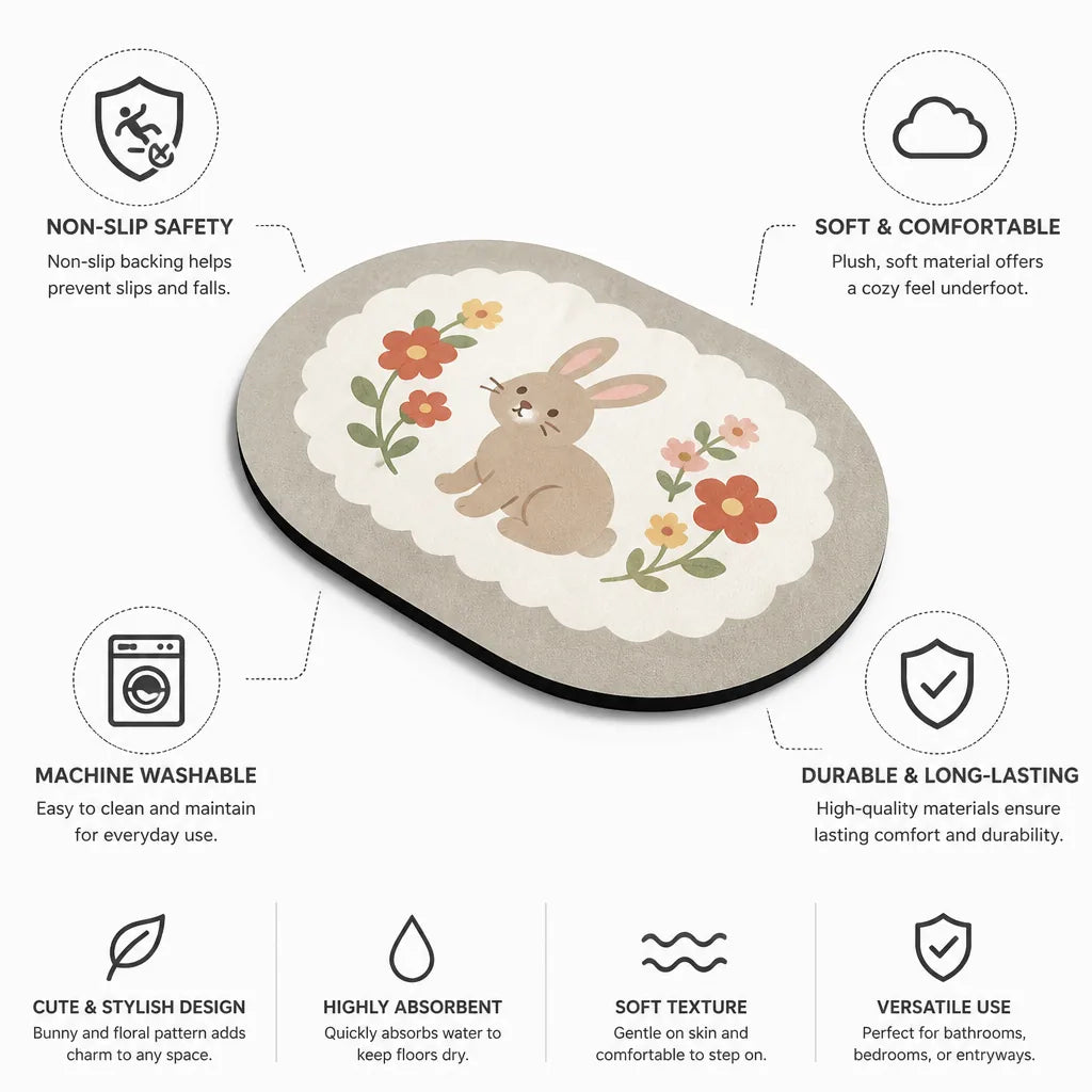 Bath Mat Bunny & Floral Non-Slip Machine Washable