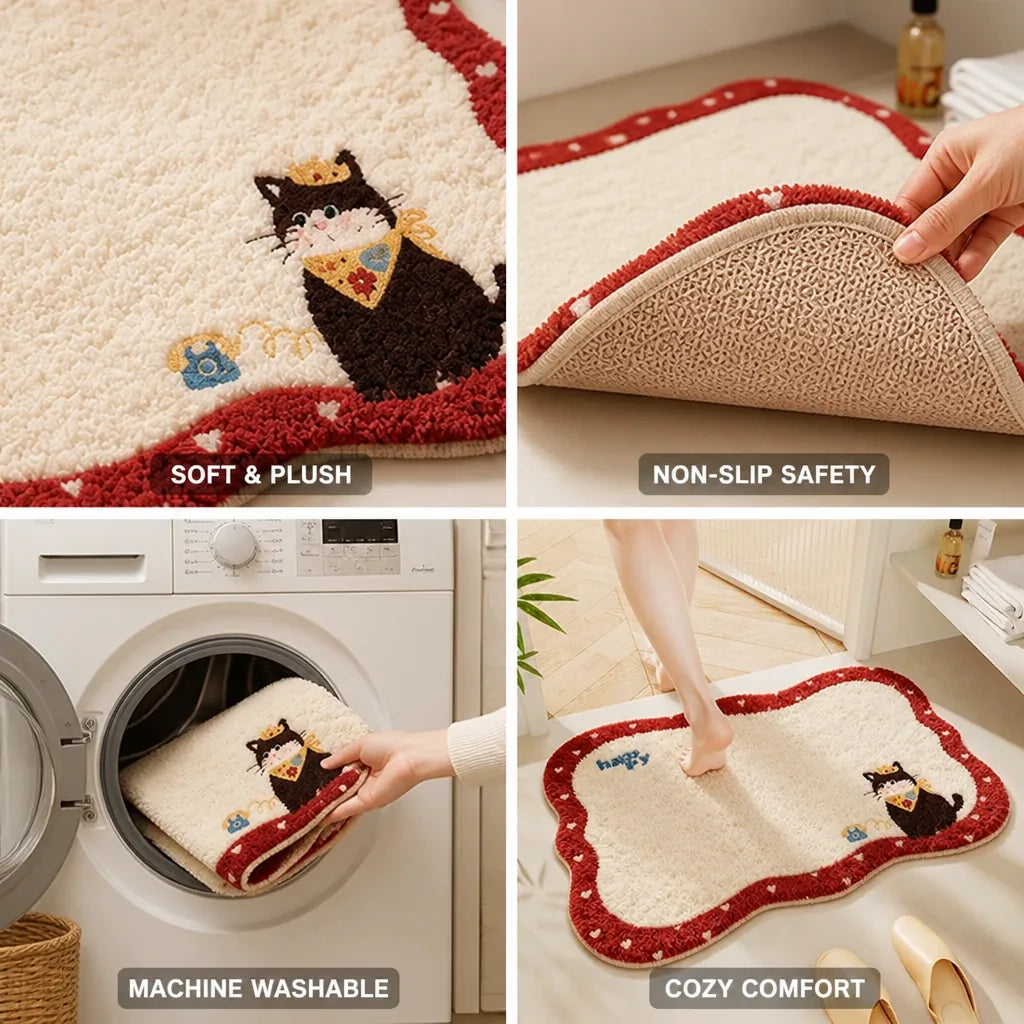 Bath Mat Cat-Themed Faux Cashmere Non-Slip Machine Washable
