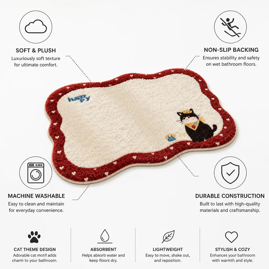 Bath Mat Cat-Themed Faux Cashmere Non-Slip Machine Washable