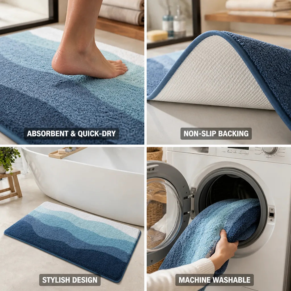 Bath Mat Coastal Wave Non-Slip Backing Machine Washable