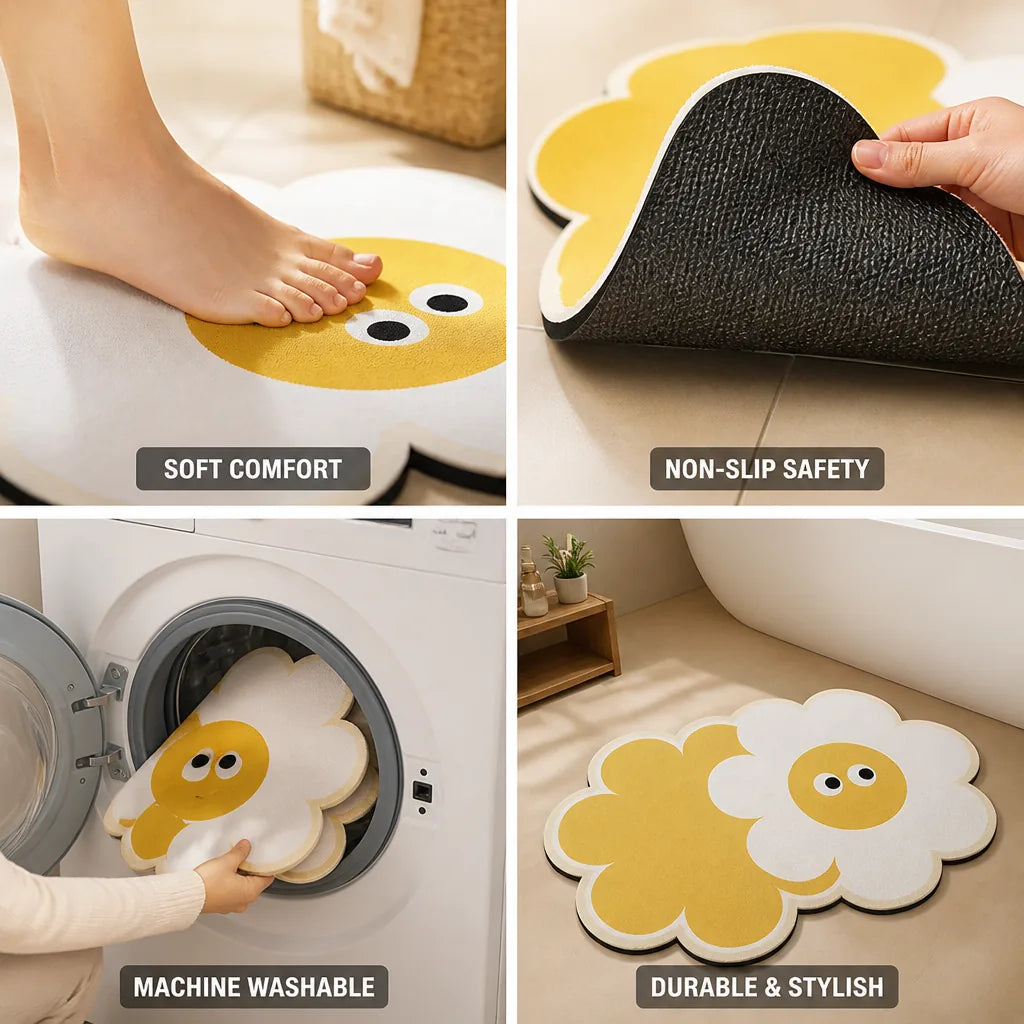 Bath Mat Flower-Shaped Plush Non-Slip Machine Washable