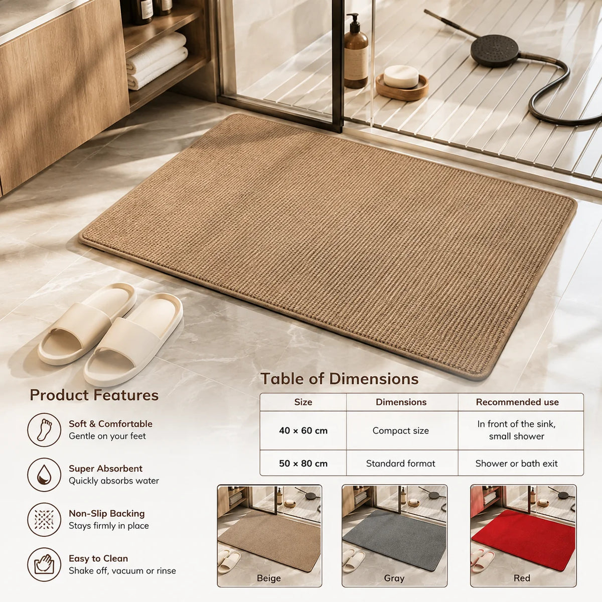 Bath Mat Plush Moisture-Wicking PVC Non-Slip
