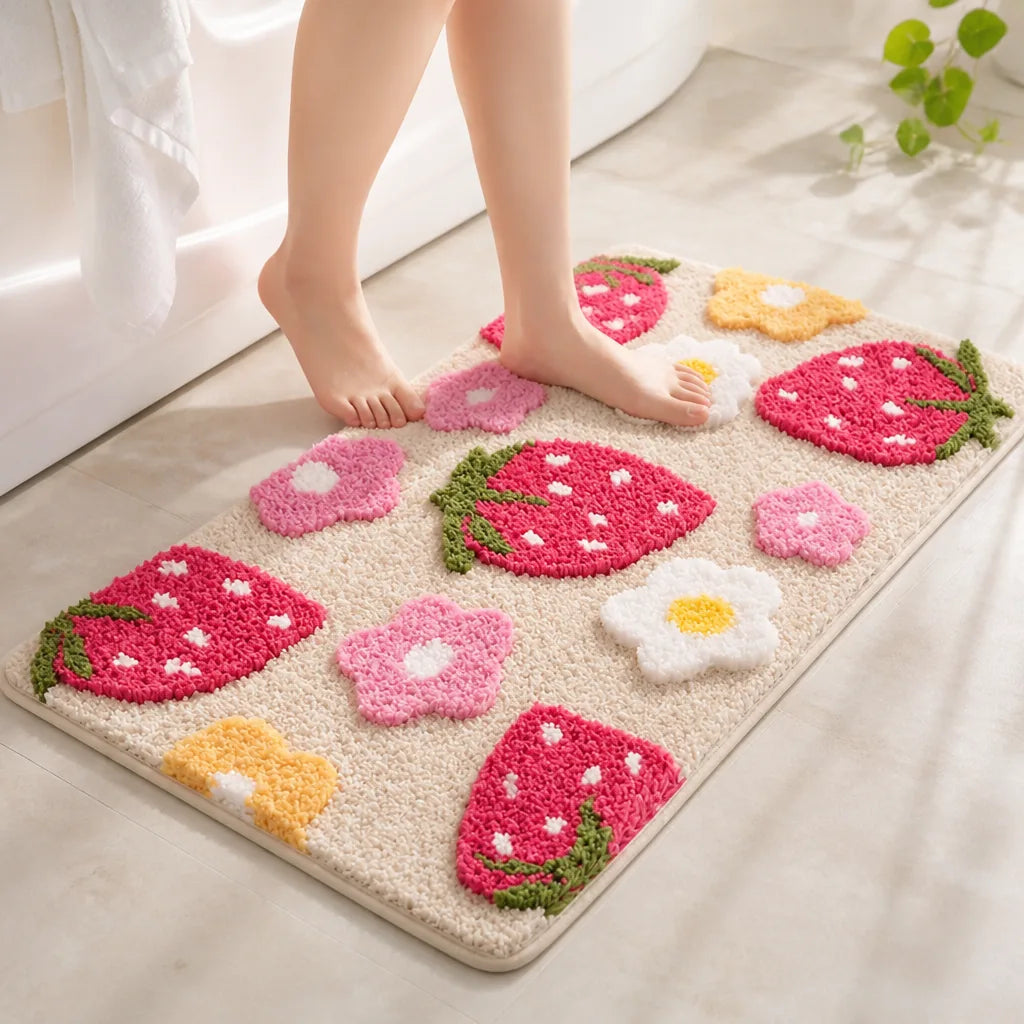 Bath Mat Strawberry Floral Plush Non-Slip