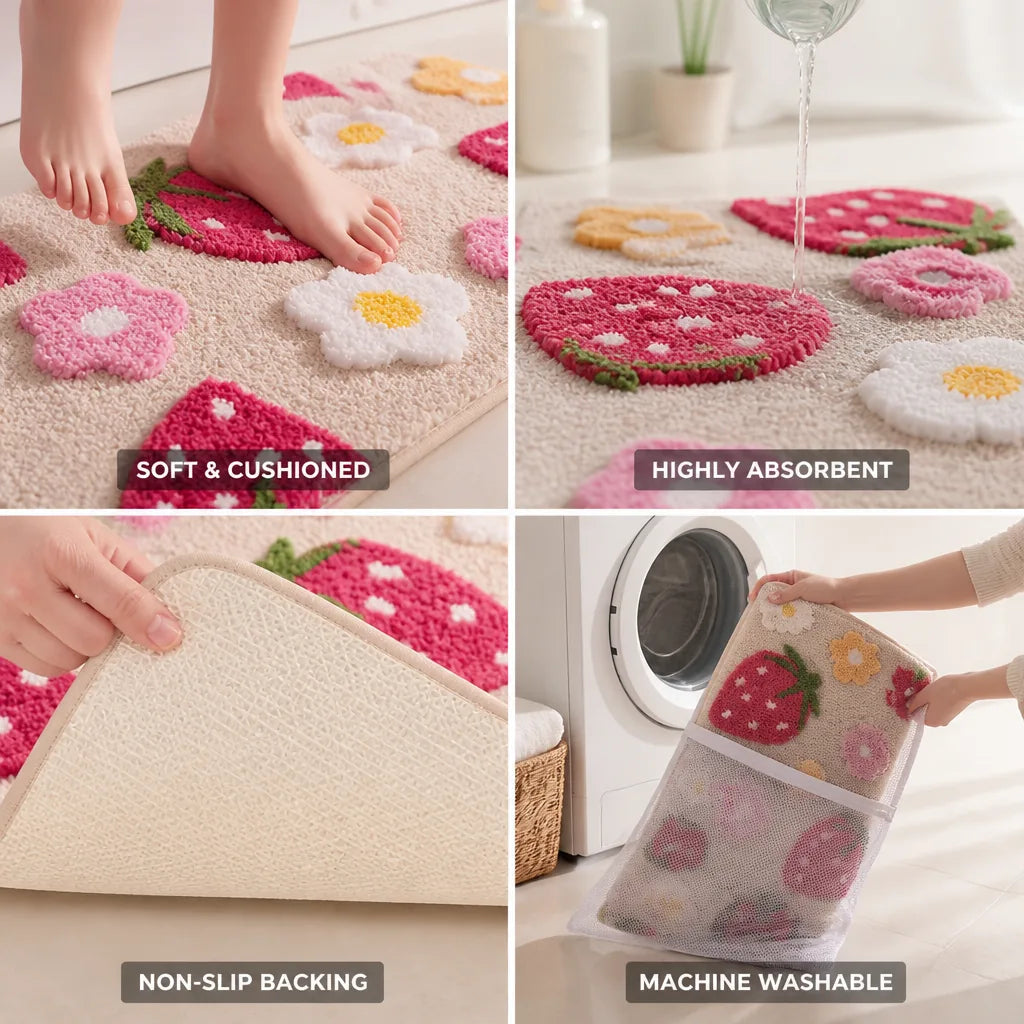 Bath Mat Strawberry Floral Plush Non-Slip