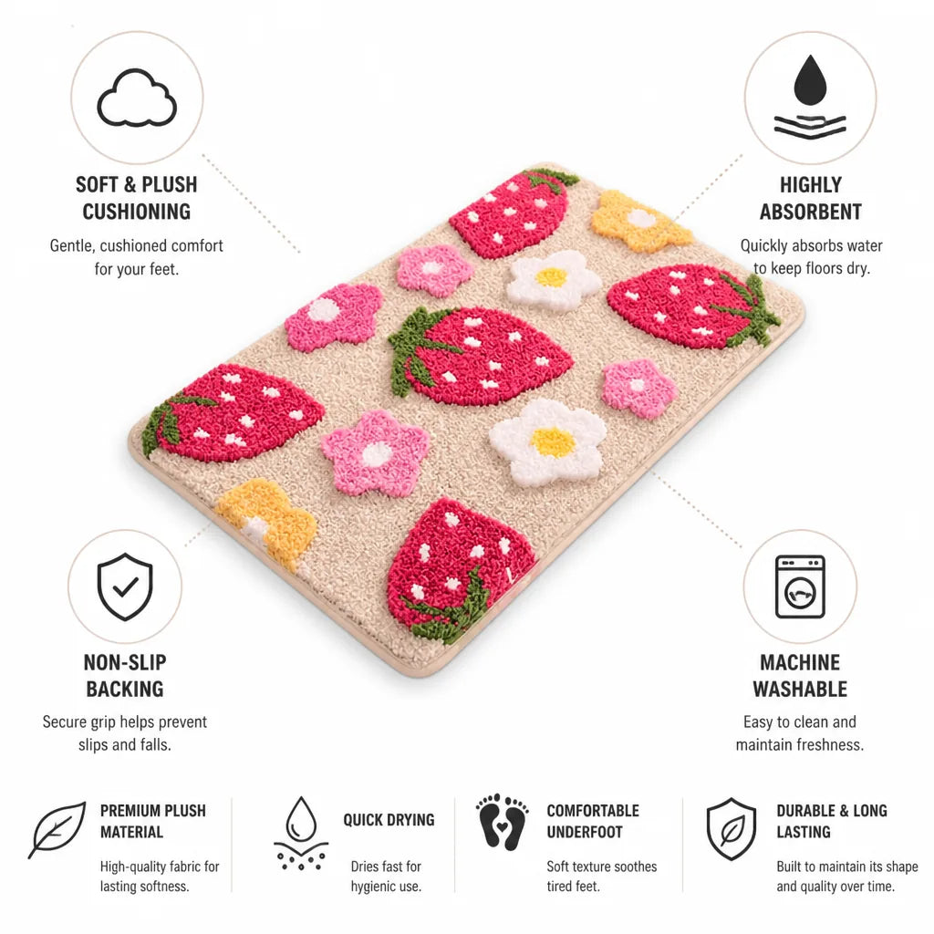Bath Mat Strawberry Floral Plush Non-Slip