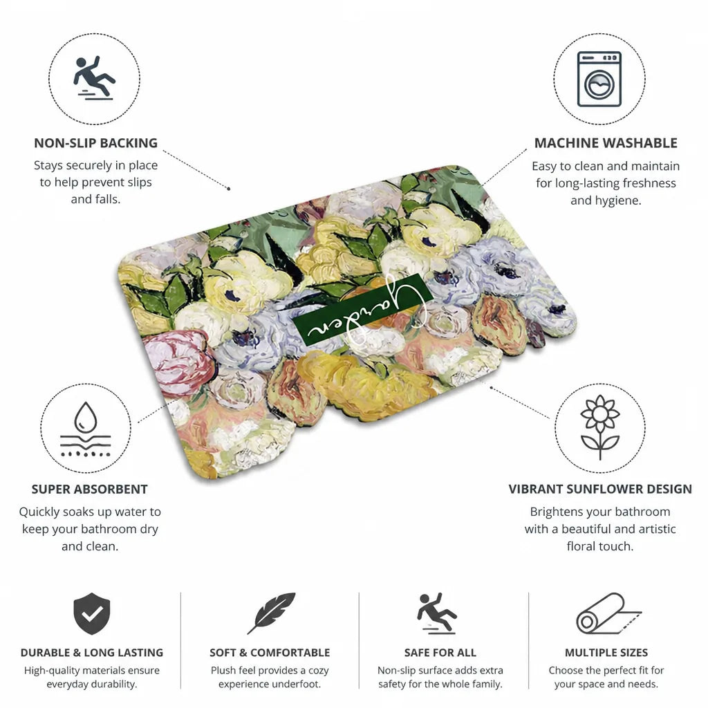 Bath Mat Sunflower Design Non-Slip Backing & Machine Washable