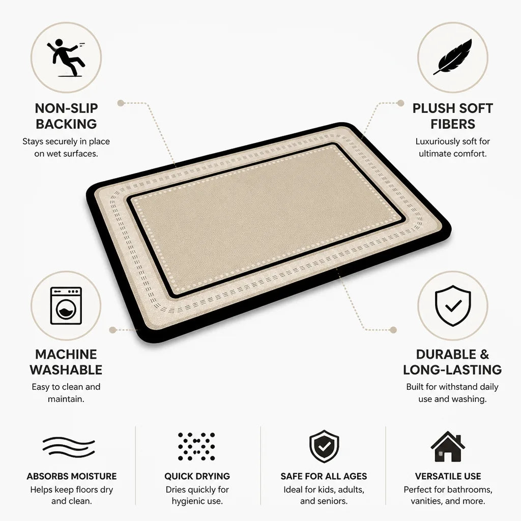 Bath Rug Plush Soft Fibers Non-Slip Backing Machine Washable