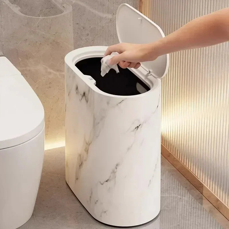 Bathroom Trash Can Push Top Space-Saving Marble Finish