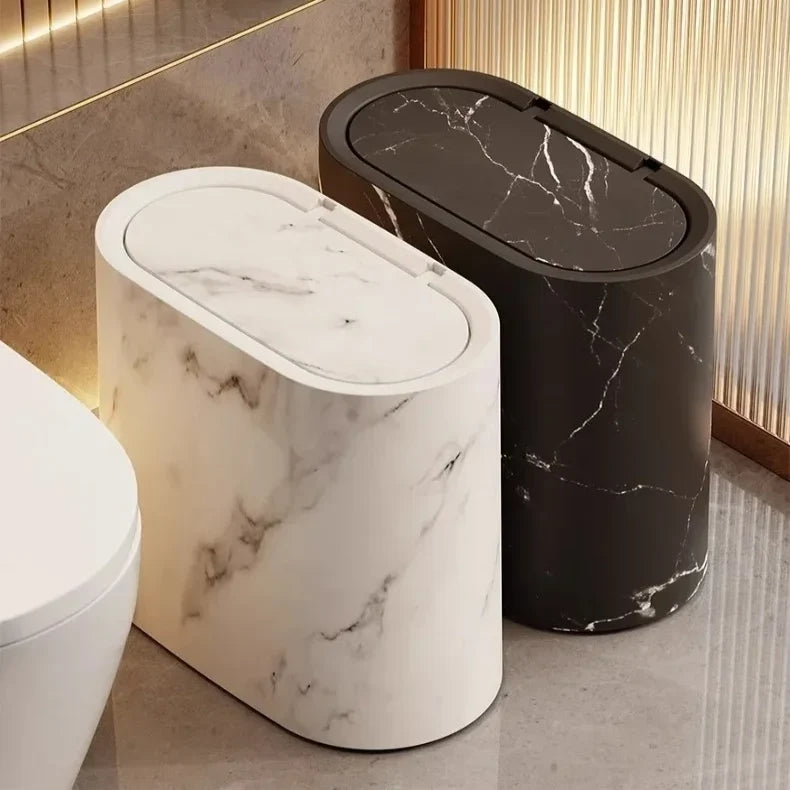 Bathroom Trash Can Push Top Space-Saving Marble Finish