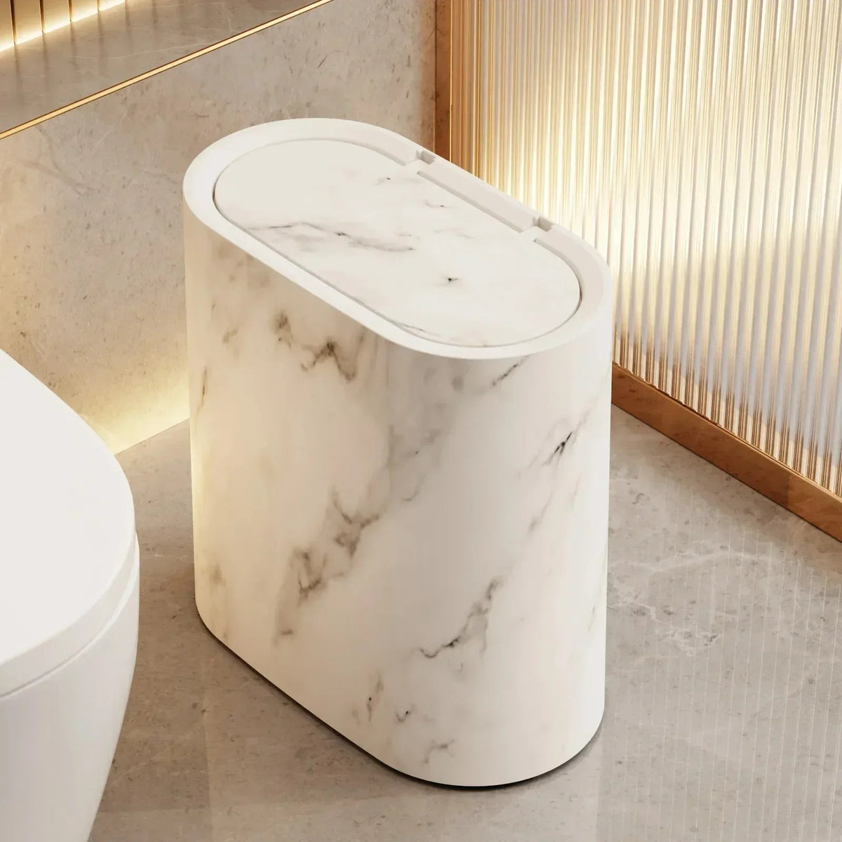 Bathroom Trash Can Push Top Space-Saving Marble Finish