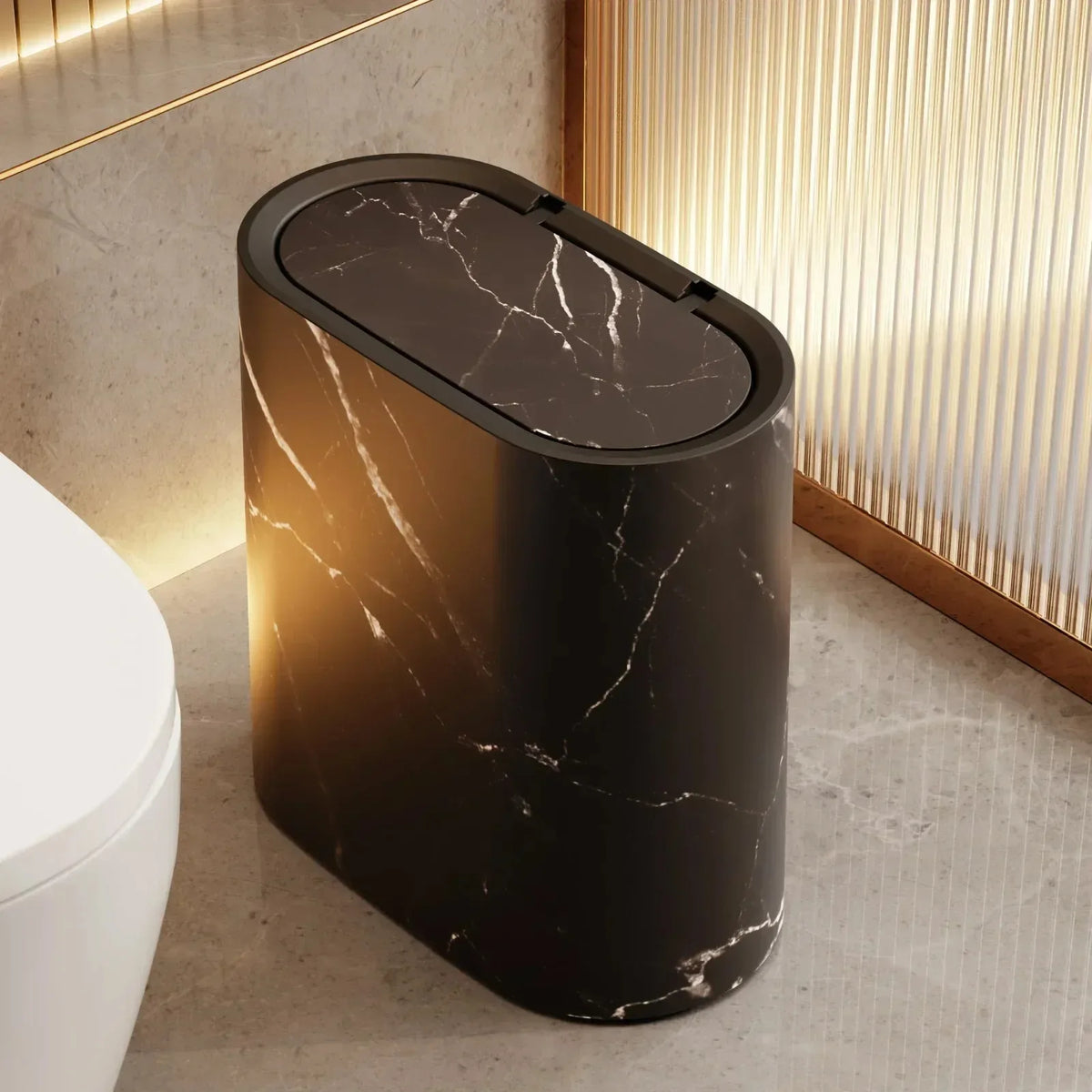 Bathroom Trash Can Push Top Space-Saving Marble Finish