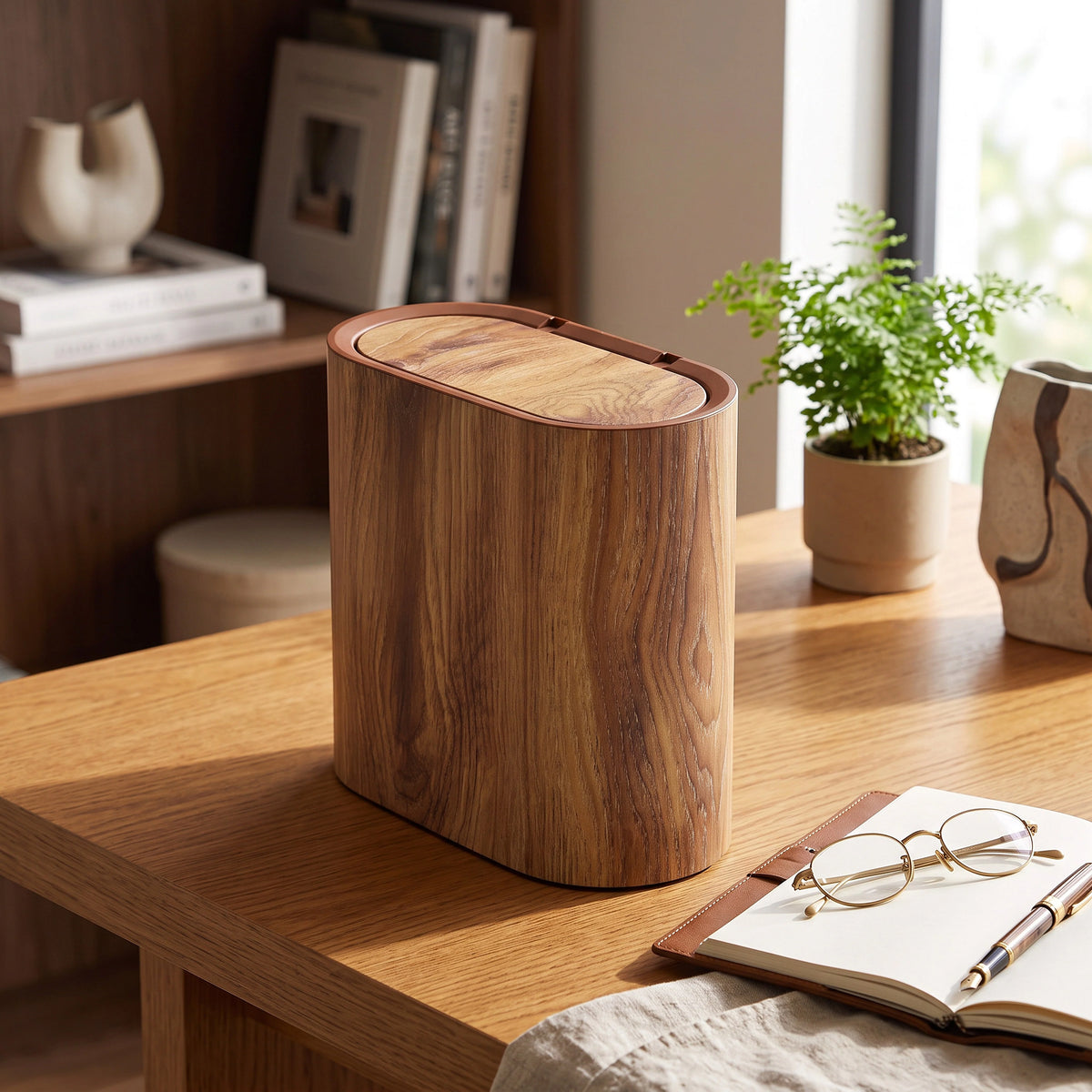 Bathroom Trash Can Push Top Space-Saving Marble Finish