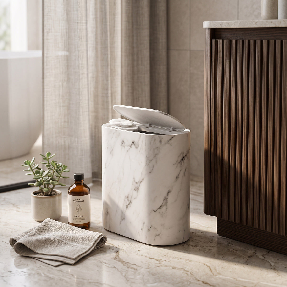 Bathroom Trash Can Push Top Space-Saving Marble Finish