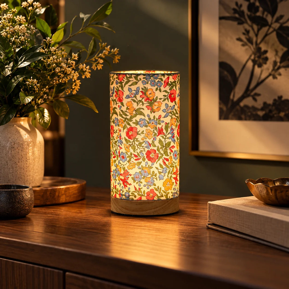 Bedside Lamp Solid Wood Base & Linen Shade USB Powered