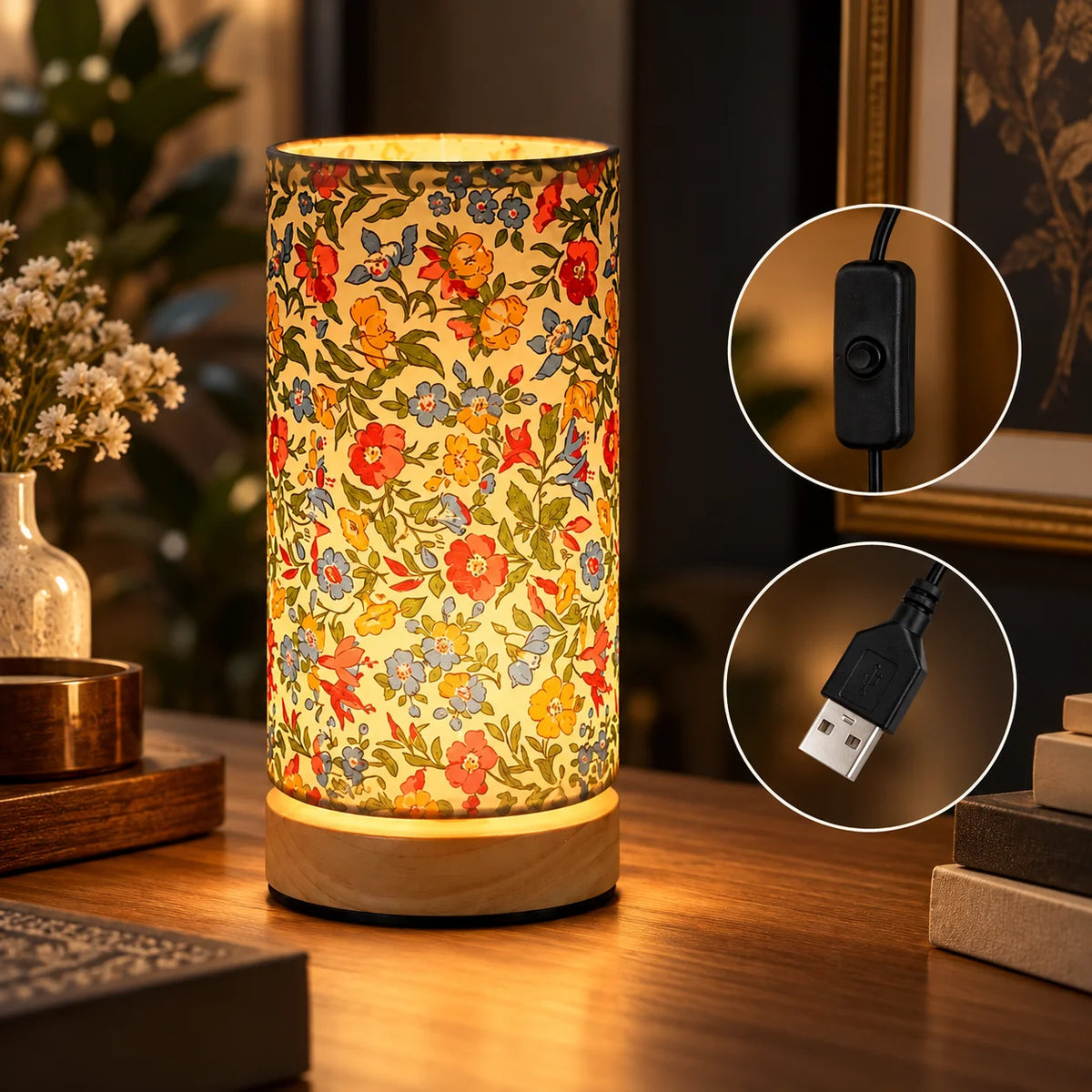 Bedside Lamp Solid Wood Base & Linen Shade USB Powered