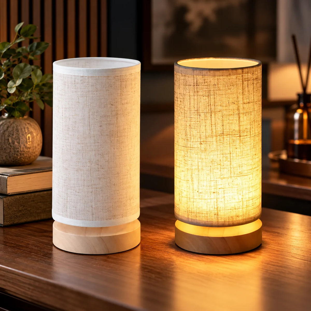 Bedside Lamp Solid Wood Base & Linen Shade USB Powered