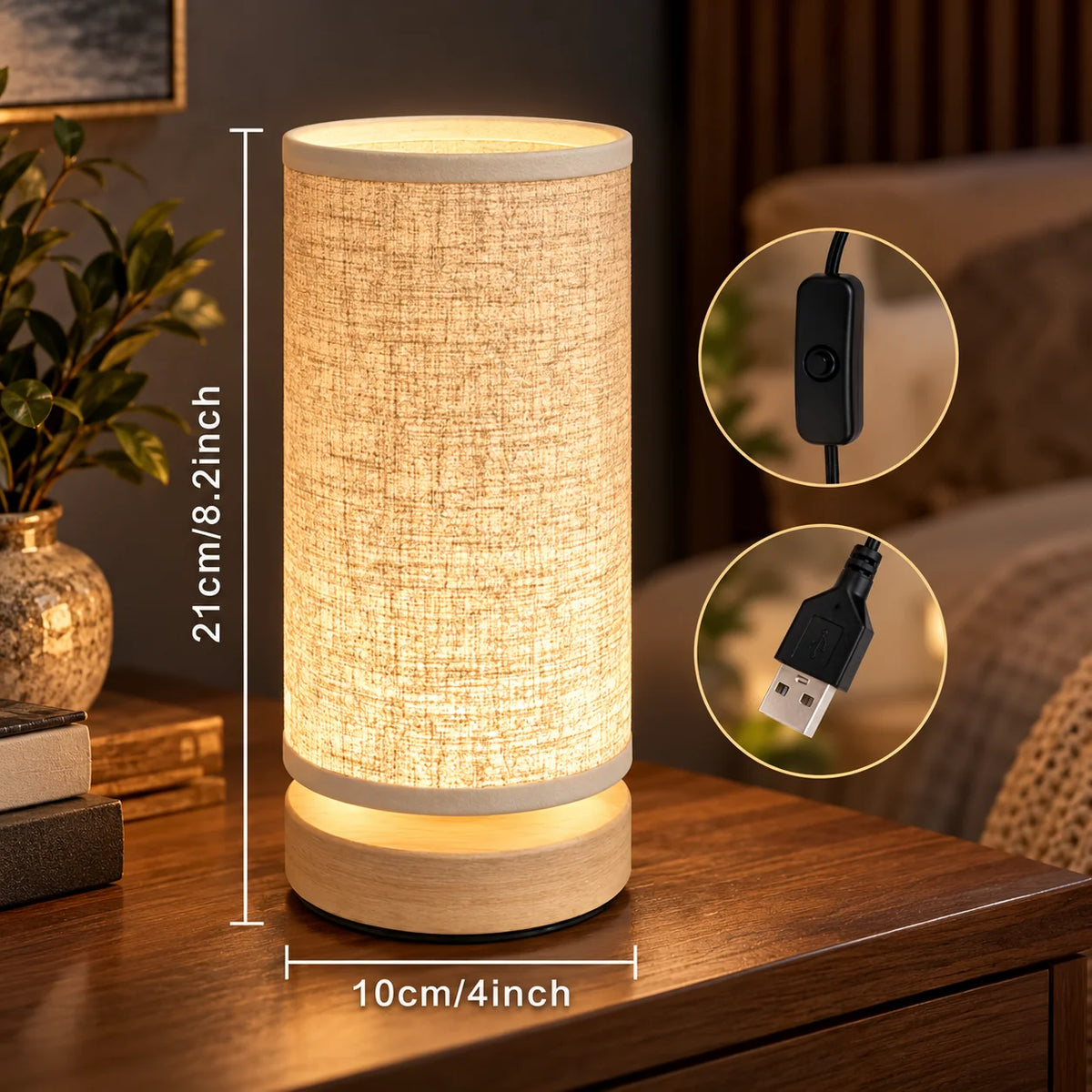 Bedside Lamp Solid Wood Base & Linen Shade USB Powered