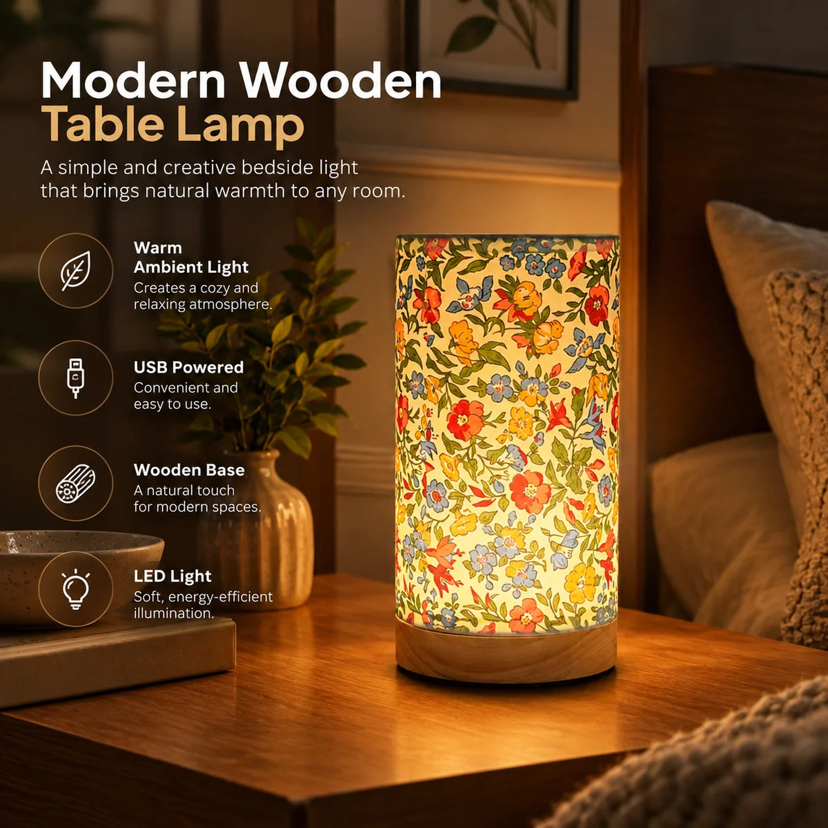 Bedside Lamp Solid Wood Base & Linen Shade USB Powered
