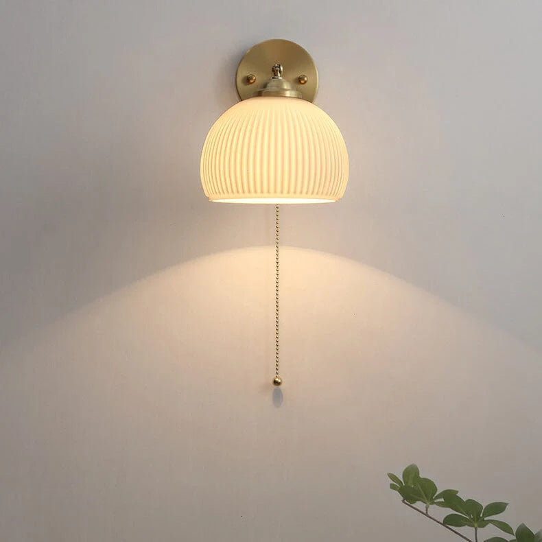 Bedside Sconce Pull Chain Brass Ribbed Glass
