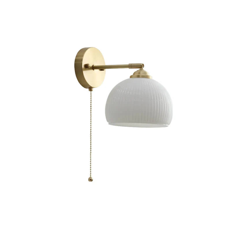 Bedside Sconce Pull Chain Brass Ribbed Glass