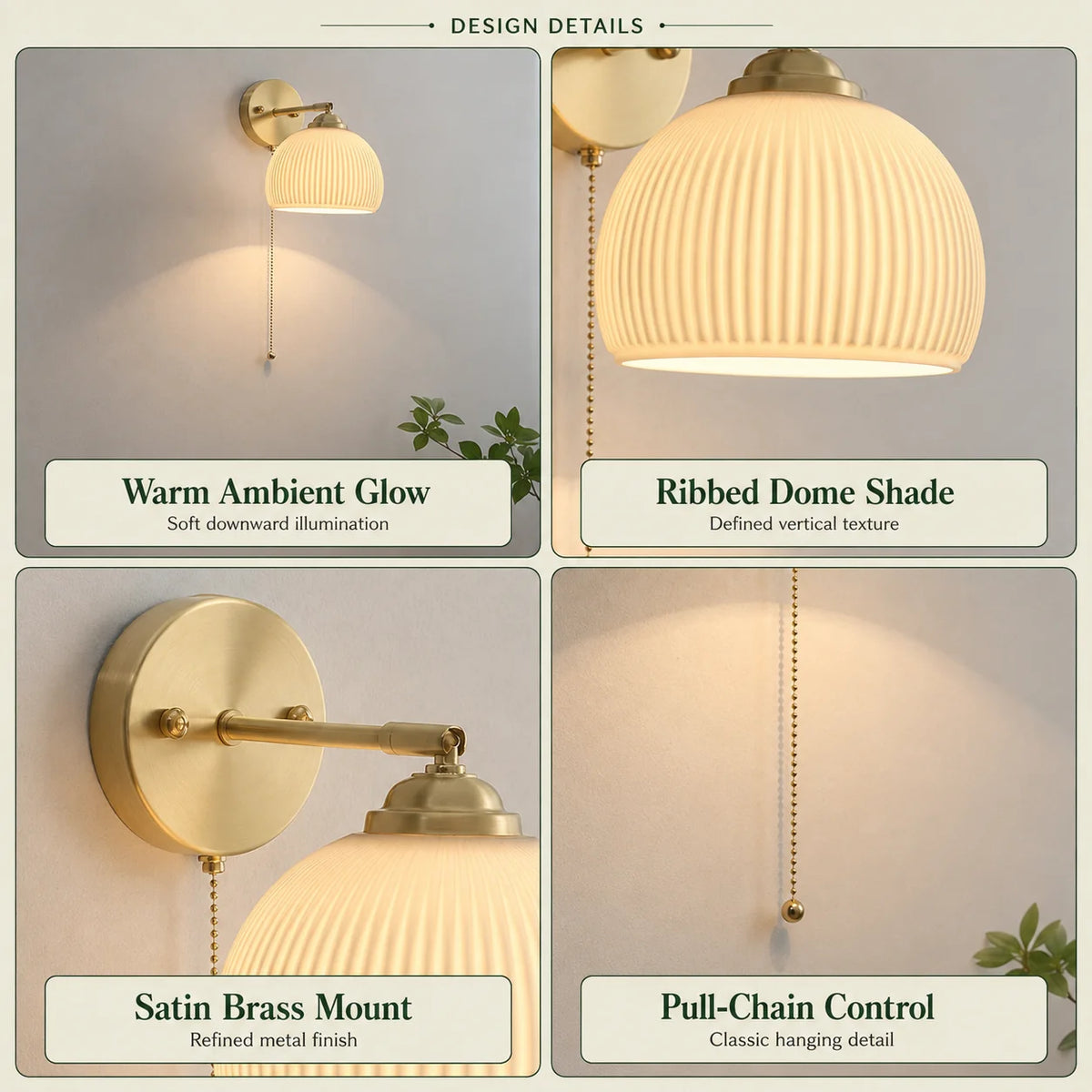 Bedside Sconce Pull Chain Brass Ribbed Glass