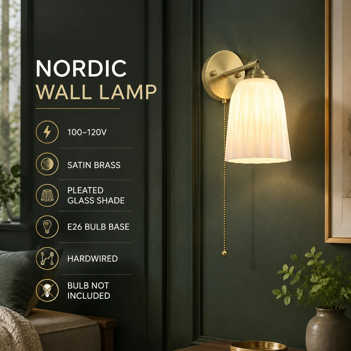 Bedside Sconce Pull Chain Brass Ribbed Glass
