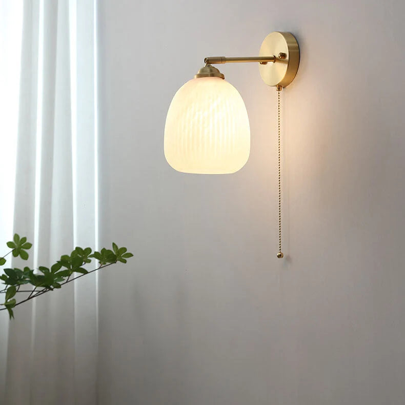 Bedside Sconce Pull Chain Brass Ribbed Glass