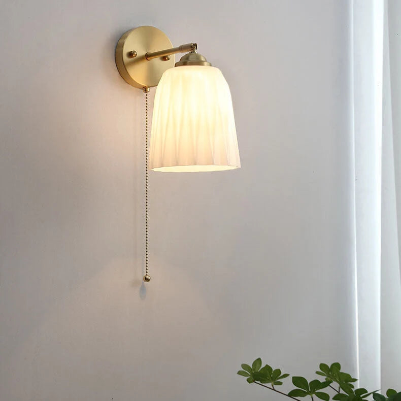 Bedside Sconce Pull Chain Brass Ribbed Glass