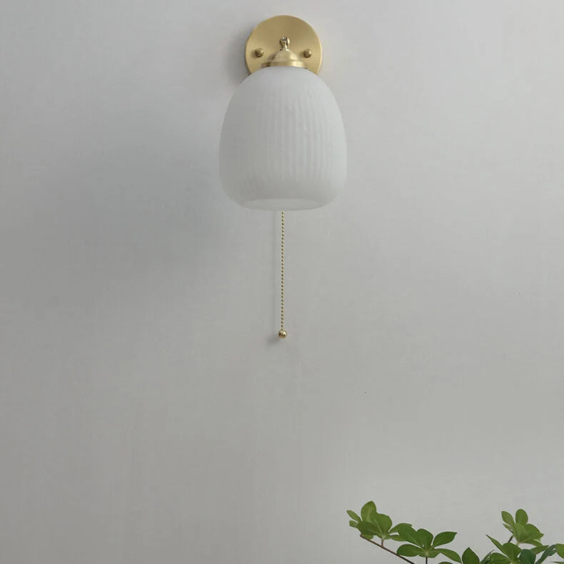 Bedside Sconce Pull Chain Brass Ribbed Glass