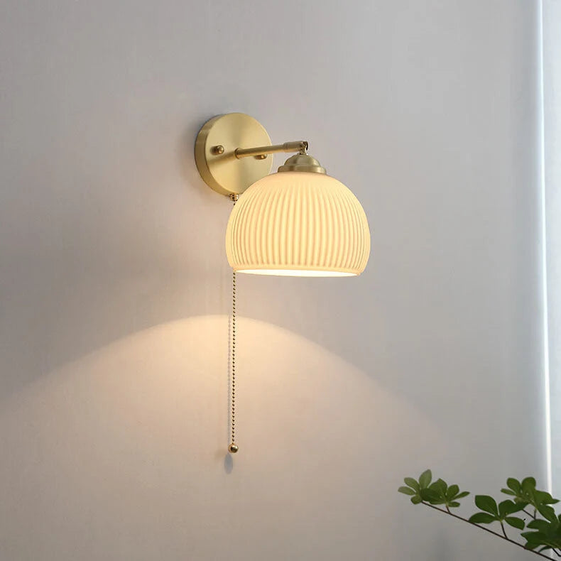 Bedside Sconce Pull Chain Brass Ribbed Glass