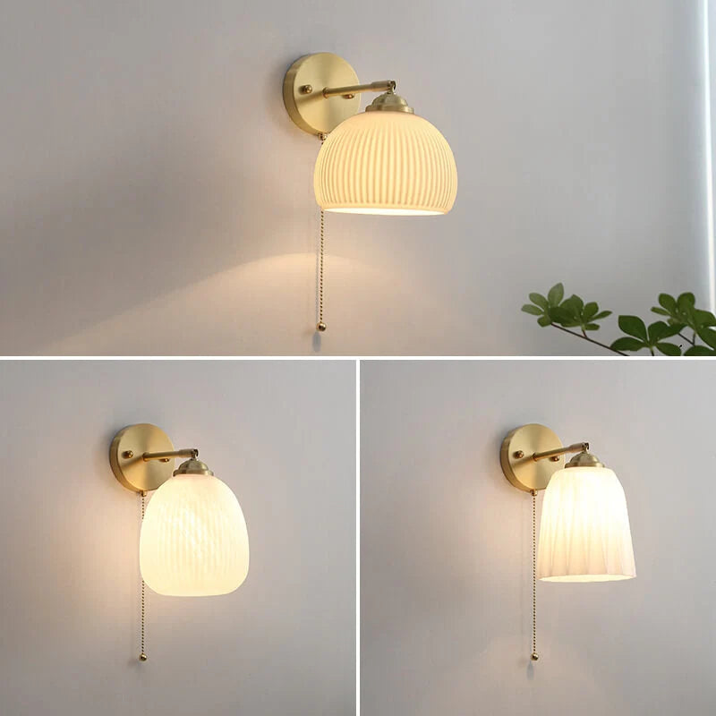 Bedside Sconce Pull Chain Brass Ribbed Glass