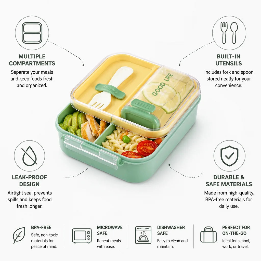 Bento Box Multi-Compartment Built-In Utensils