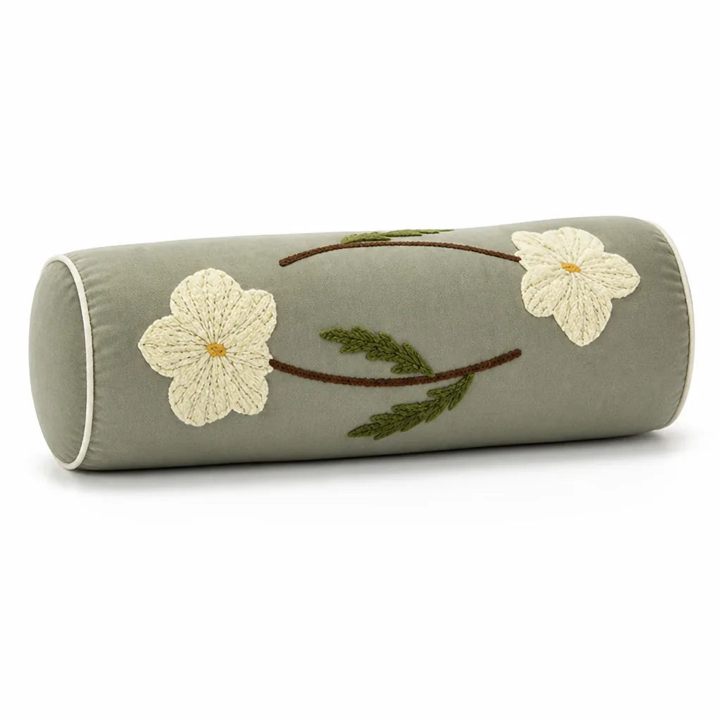 Bolster Pillow Hand-Stitched Floral Removable Cover