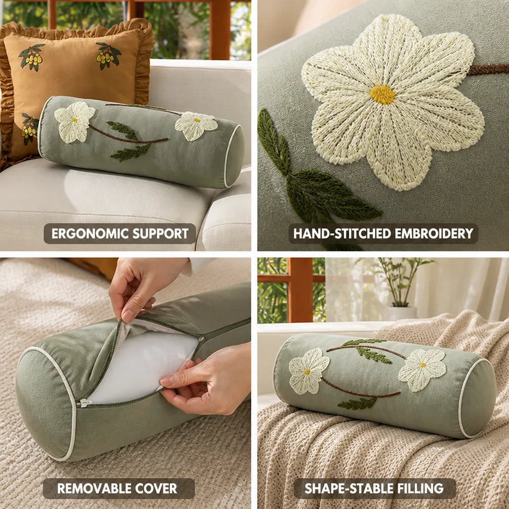Bolster Pillow Hand-Stitched Floral Removable Cover