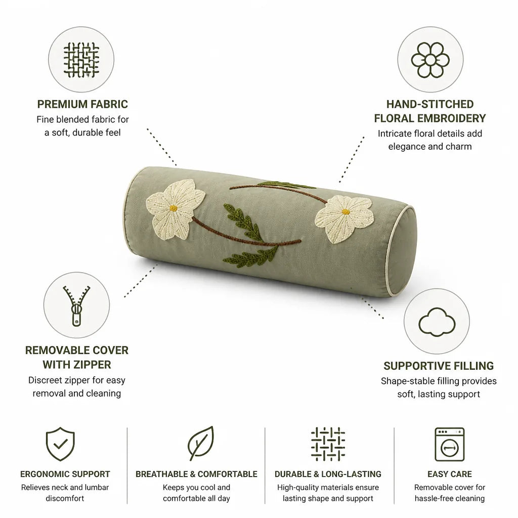 Bolster Pillow Hand-Stitched Floral Removable Cover