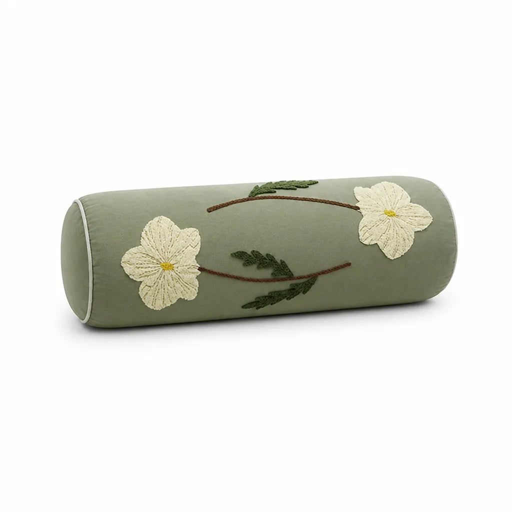Bolster Pillow Hand-Stitched Floral Removable Cover