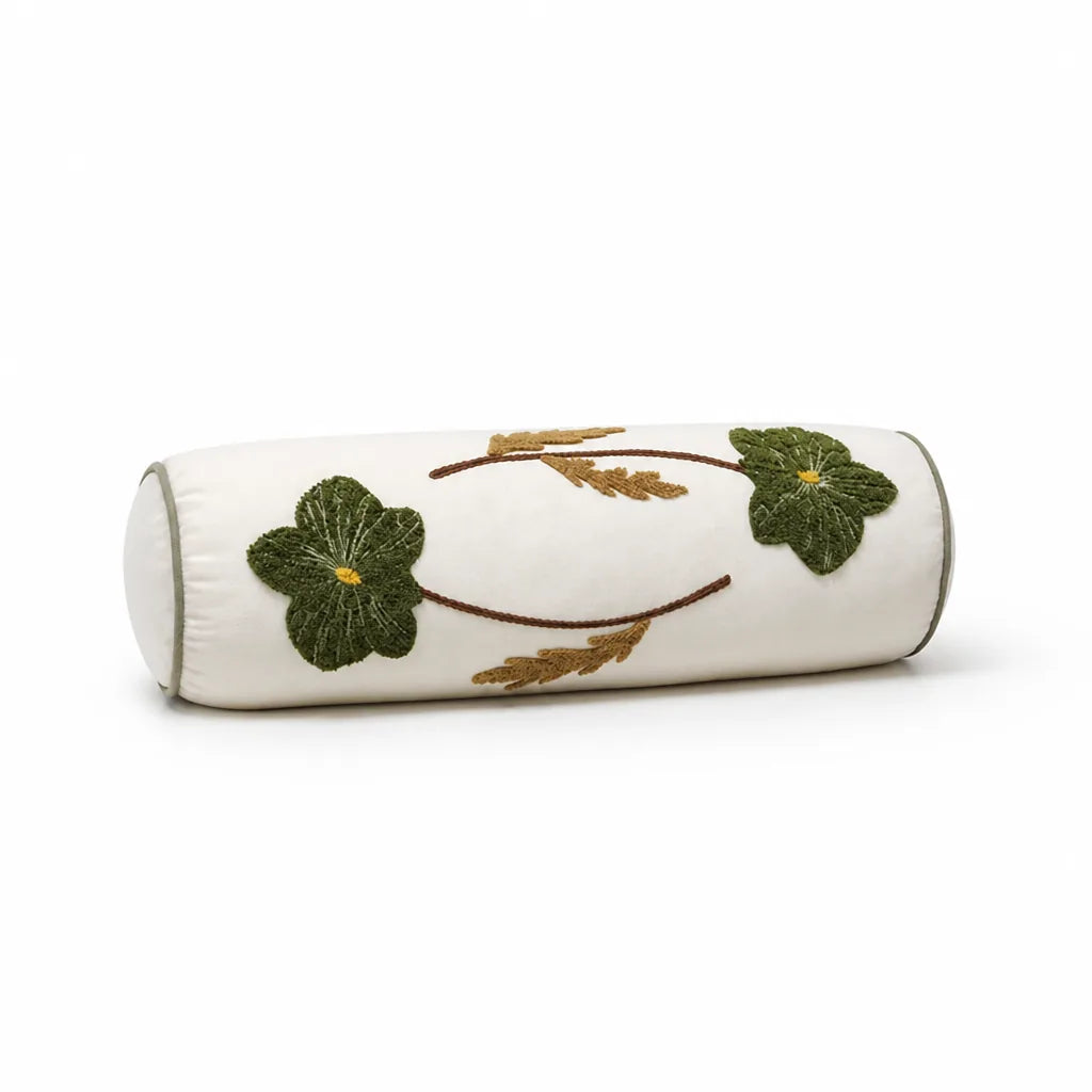 Bolster Pillow Hand-Stitched Floral Removable Cover