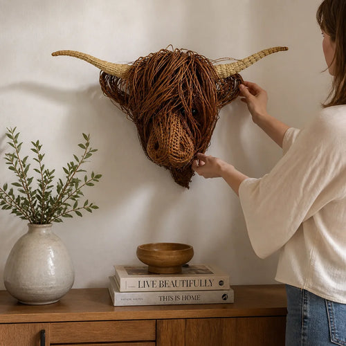 Braided Wicker Wall-Mounted Highland Cow Head Sculpture