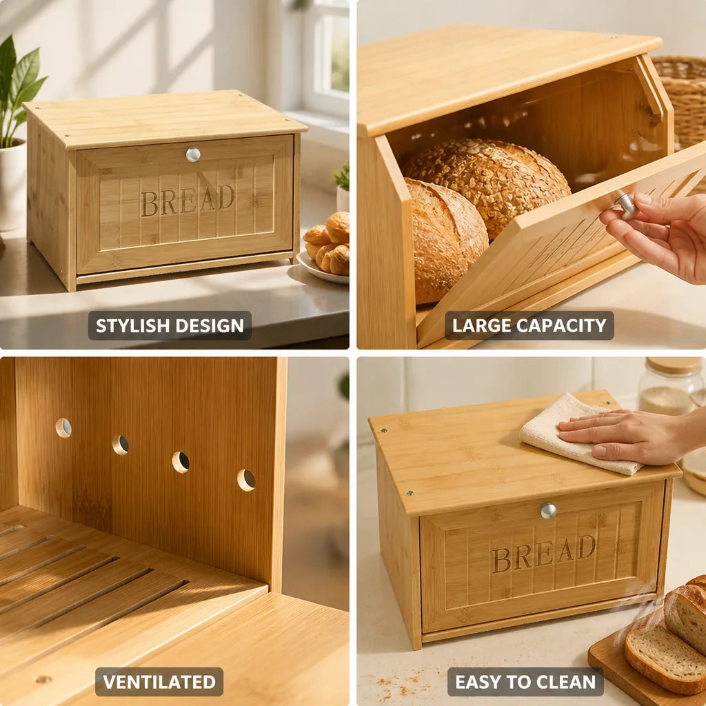 Bread Storage Box Bamboo Ventilated Large Capacity