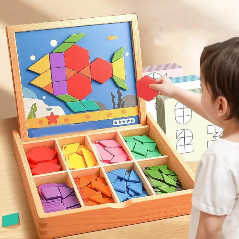 Building Blocks Magnetic Pattern Cards Wooden Storage Box