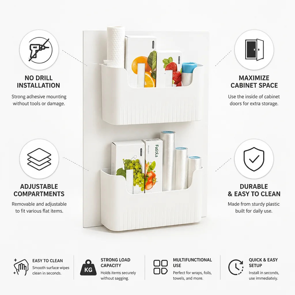 Cabinet Door Organizer No Drill Adhesive Adjustable Compartments