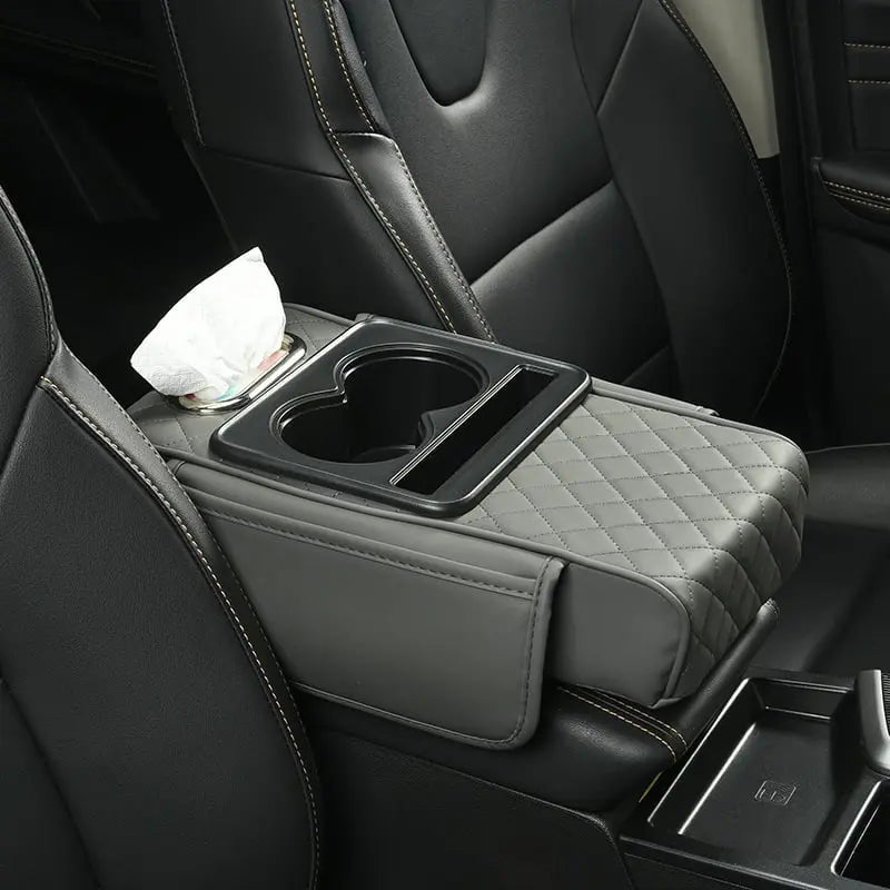 Car Armrest Cover Faux Leather Padded Dual Cup Holders