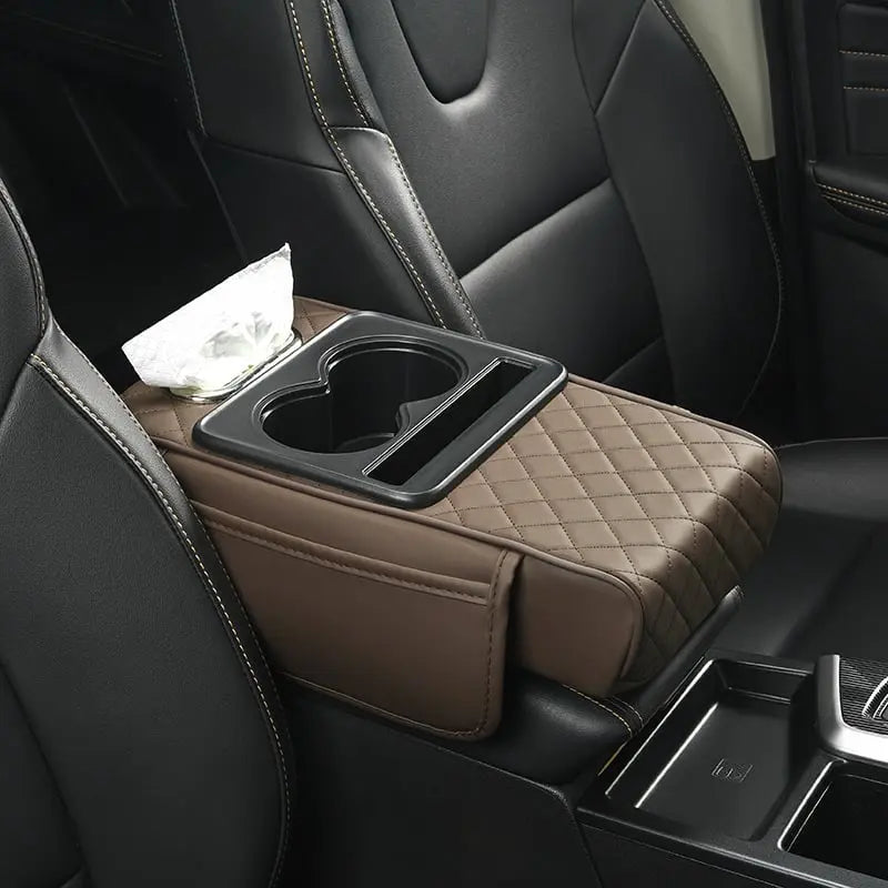 Car Armrest Cover Faux Leather Padded Dual Cup Holders