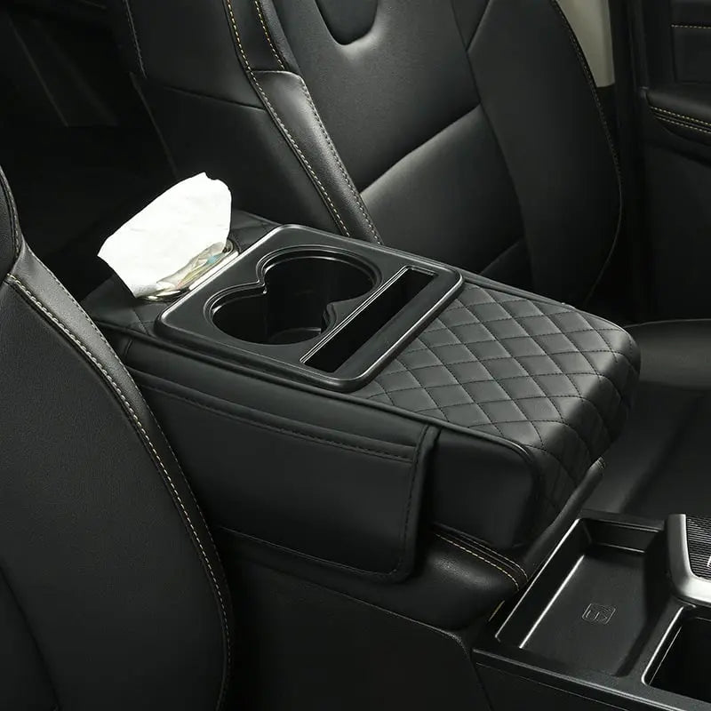 Car Armrest Cover Quilted Padded Cup Holders & Pocket